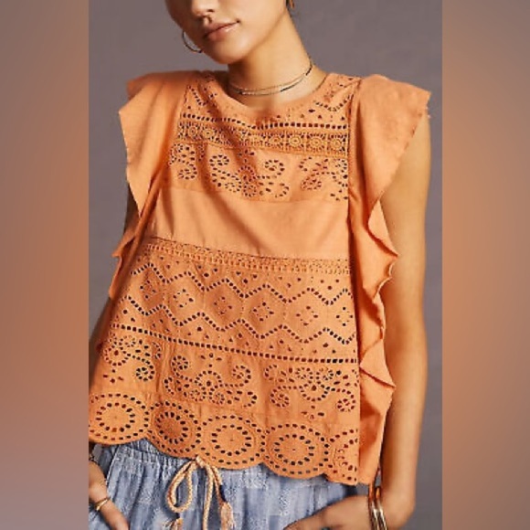 By Anthropologie Eyelet Embroidered Lace Top in Terracotta Size Extra Large. - Picture 13 of 14